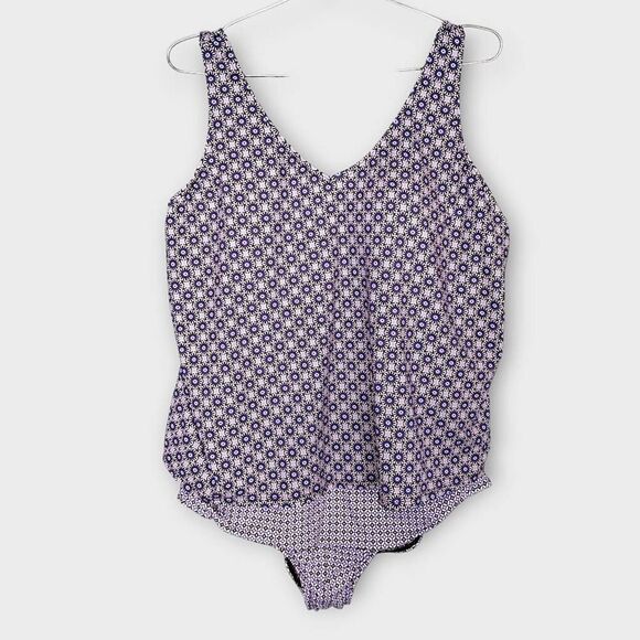 Lands End Womens Swimsuit Sz 2X Navy Print One Pc Tank Beachy Tankini UPF 50 Plu - Picture 2 of 12